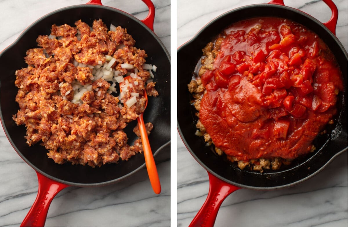 sauteing Italian sausage and onion in a skillet then adding tomatoes