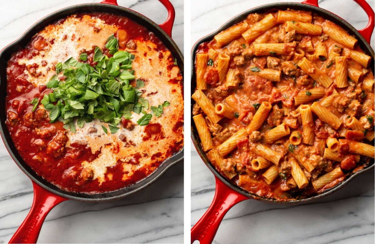 adding cream and basil to a skillet with italian sausage and tossing with rigatoni