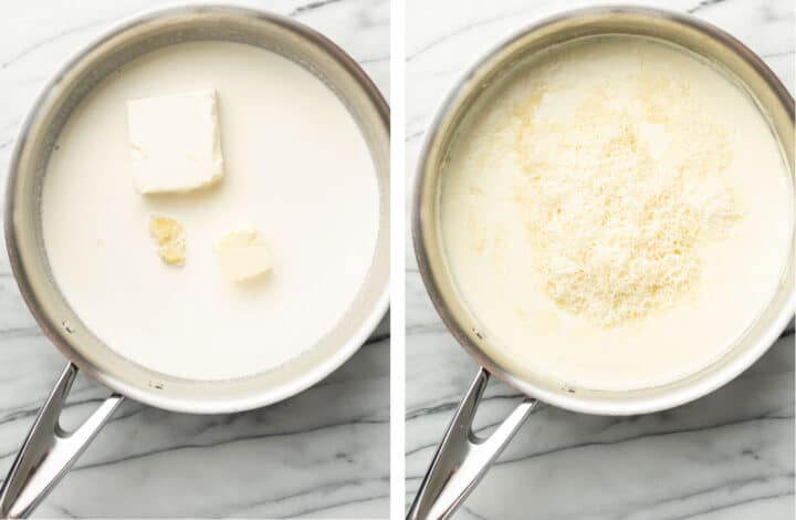 making alfredo sauce in a skillet