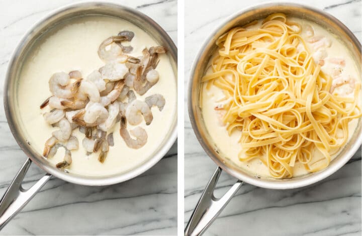 adding shrimp and pasta to a skillet to make fettuccine alfredo