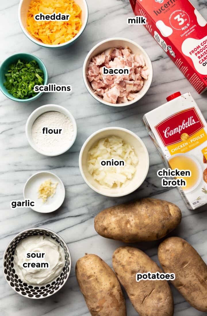 ingredients for baked potato soup on a countertop