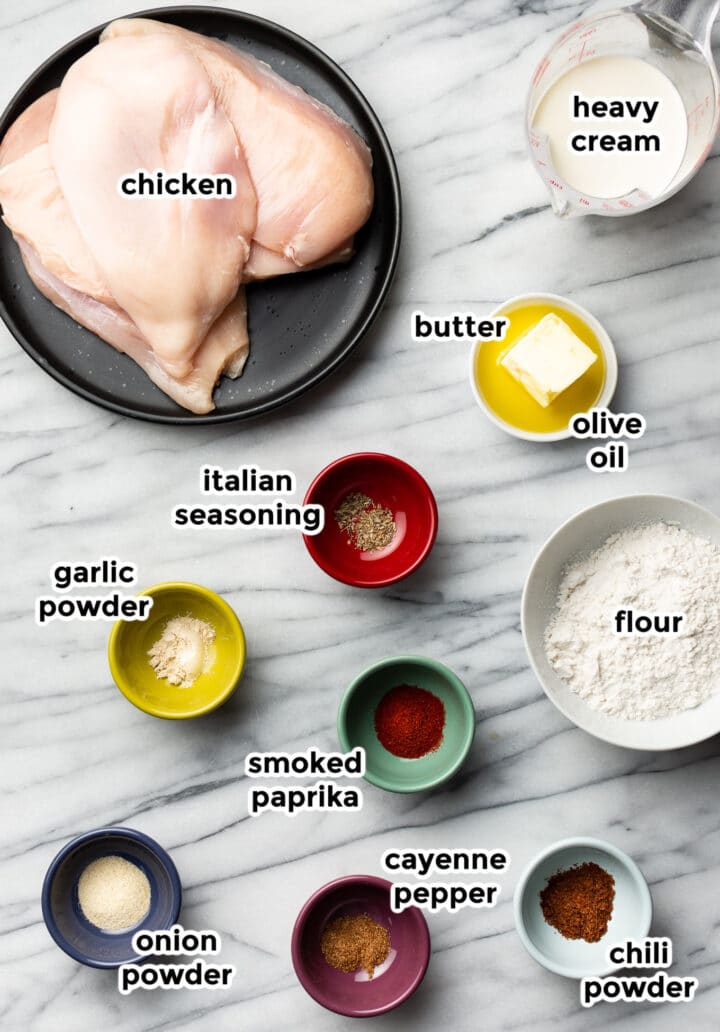 ingredients for chicken lazone in prep bowls
