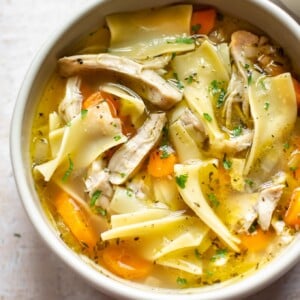 easy Instant Pot chicken noodle soup in a white bowl