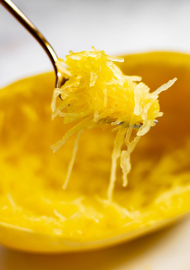 close-up of a fork with spaghetti squash