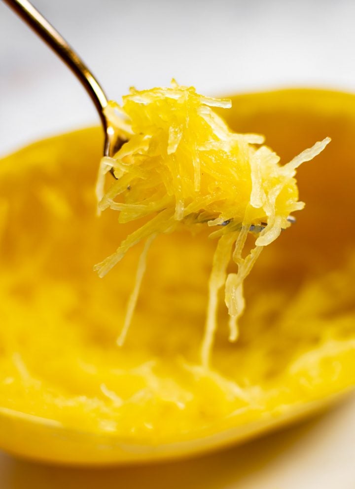 close-up of a fork with spaghetti squash