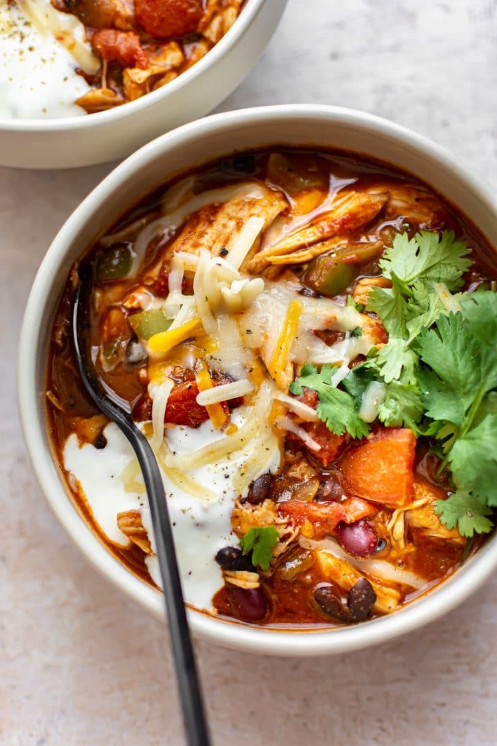 healthy leftover turkey chili in two bowls