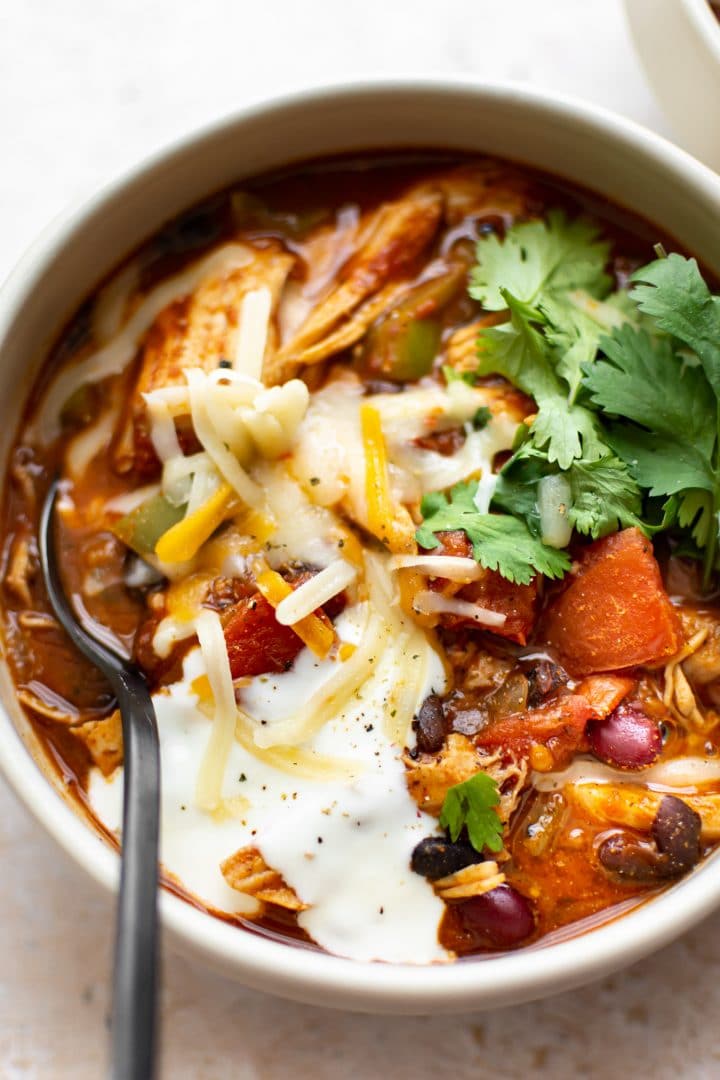 close-up of leftover turkey chili