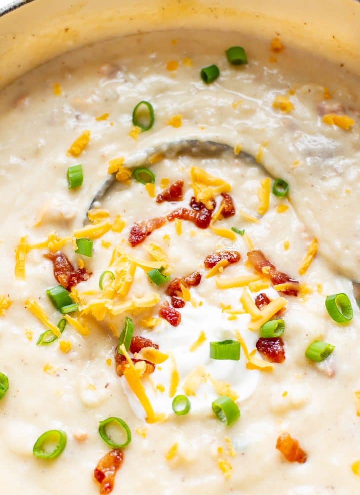 closeup of loaded potato soup