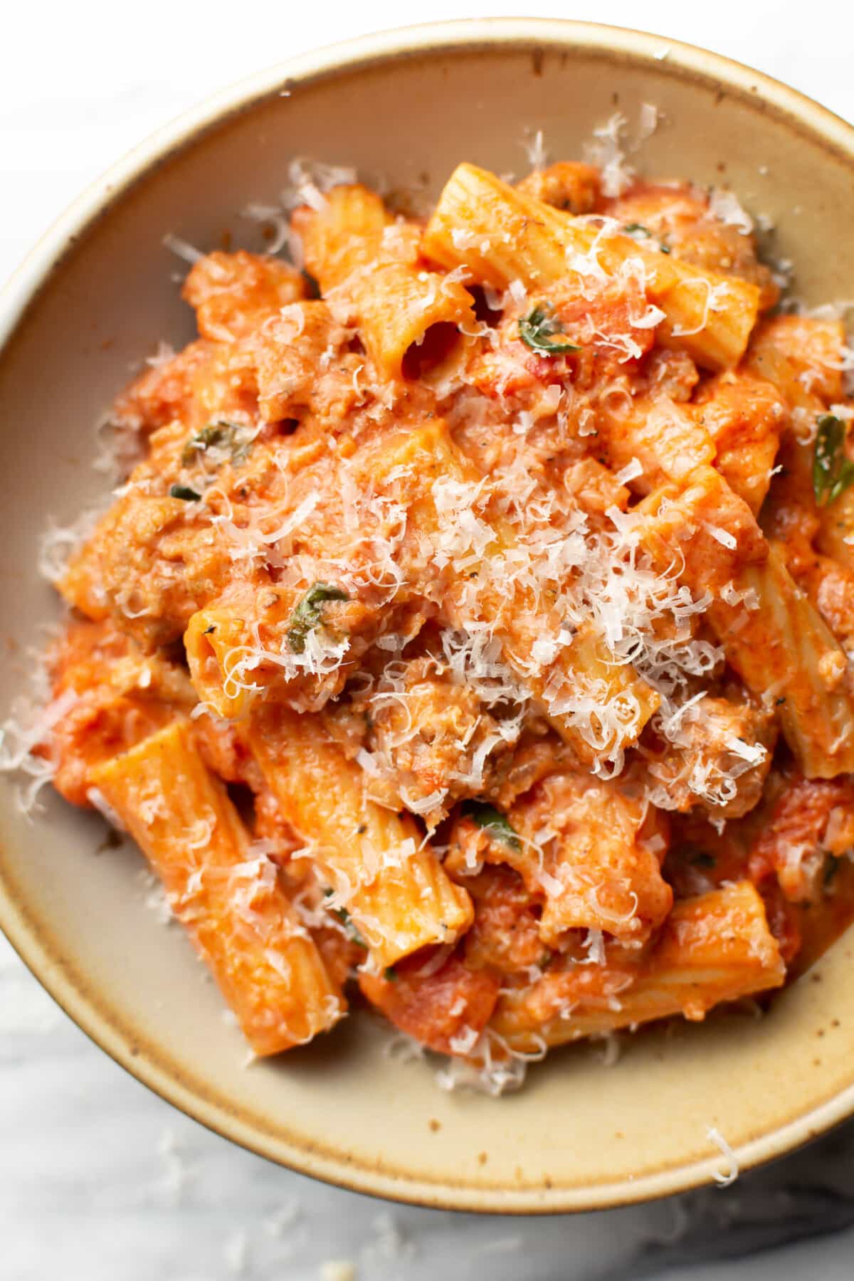 a bowl of Italian sausage rigatoni