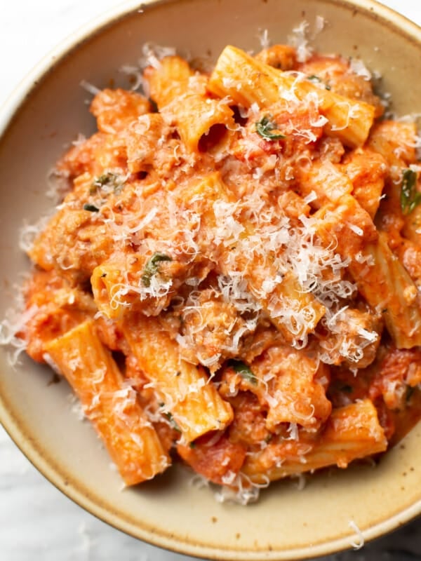 a bowl of Italian sausage rigatoni