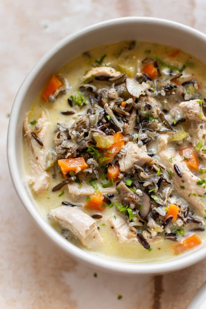 one pot turkey wild rice soup in a white bowl