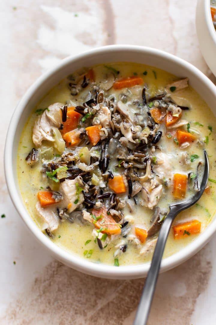 leftover turkey wild rice soup in two bowls