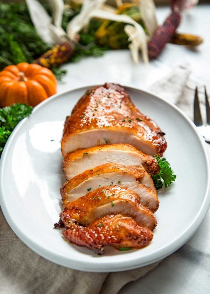 maple glazed turkey for two sliced on a plate