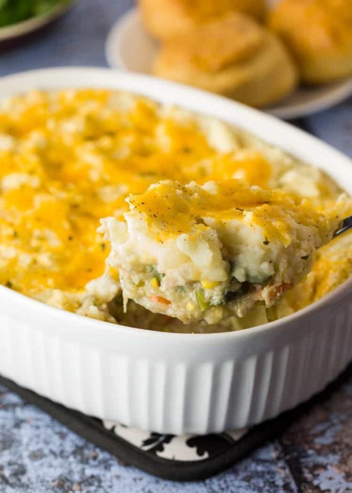 turkey shepherd's pie in a casserole dish