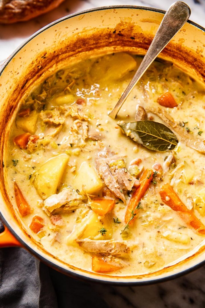 Hearty turkey stew in a pot