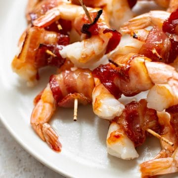 close-up of easy bacon wrapped shrimp