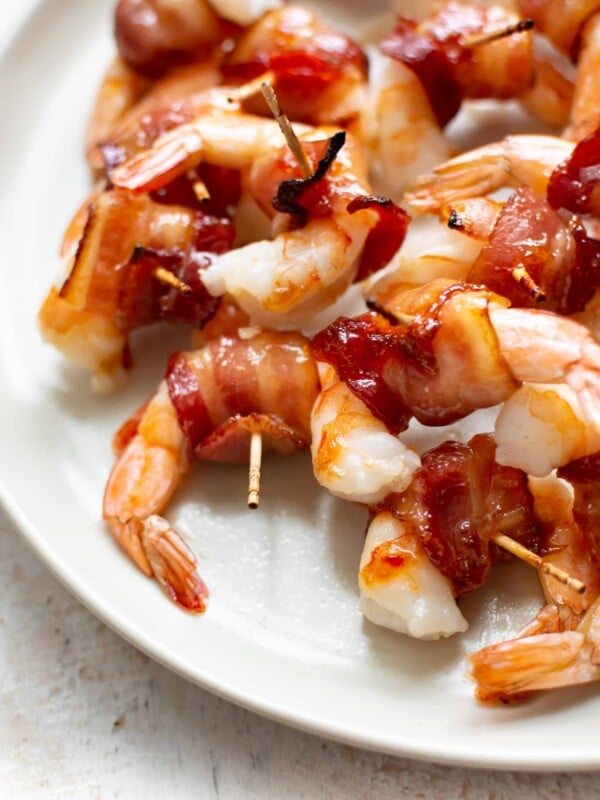 close-up of easy bacon wrapped shrimp