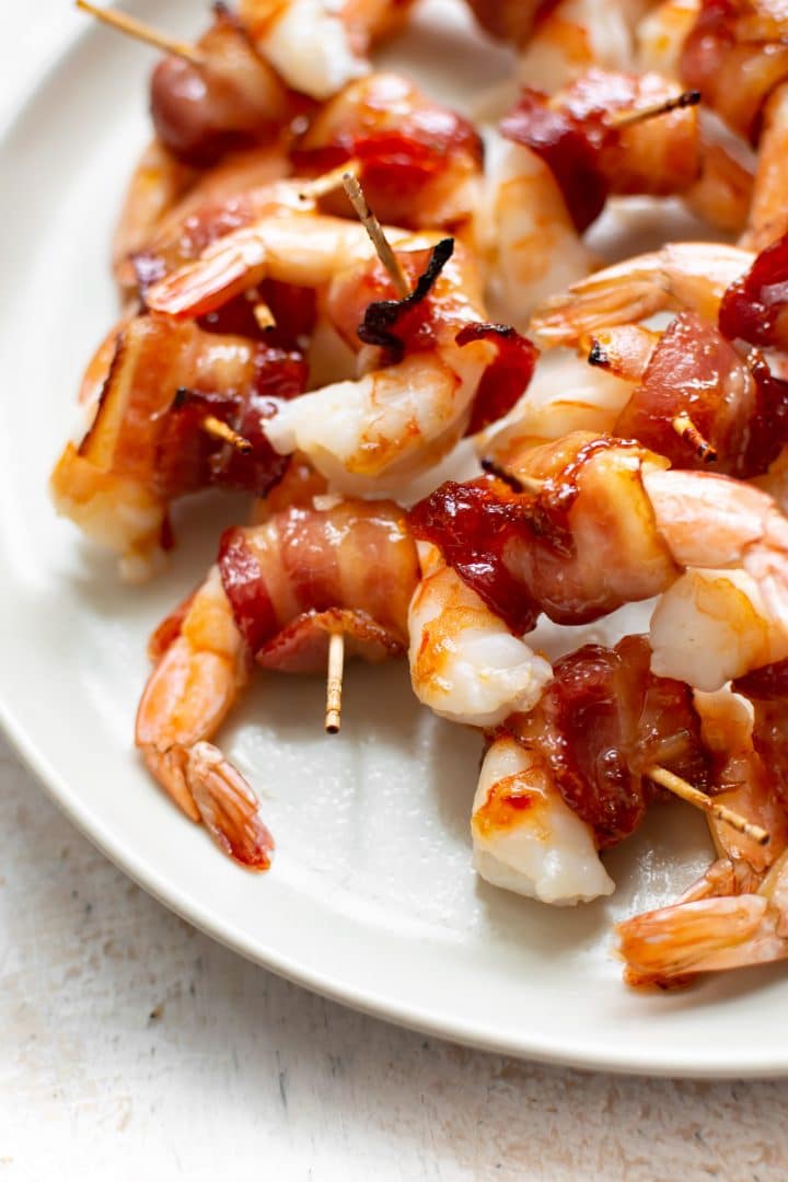 close-up of easy bacon wrapped shrimp