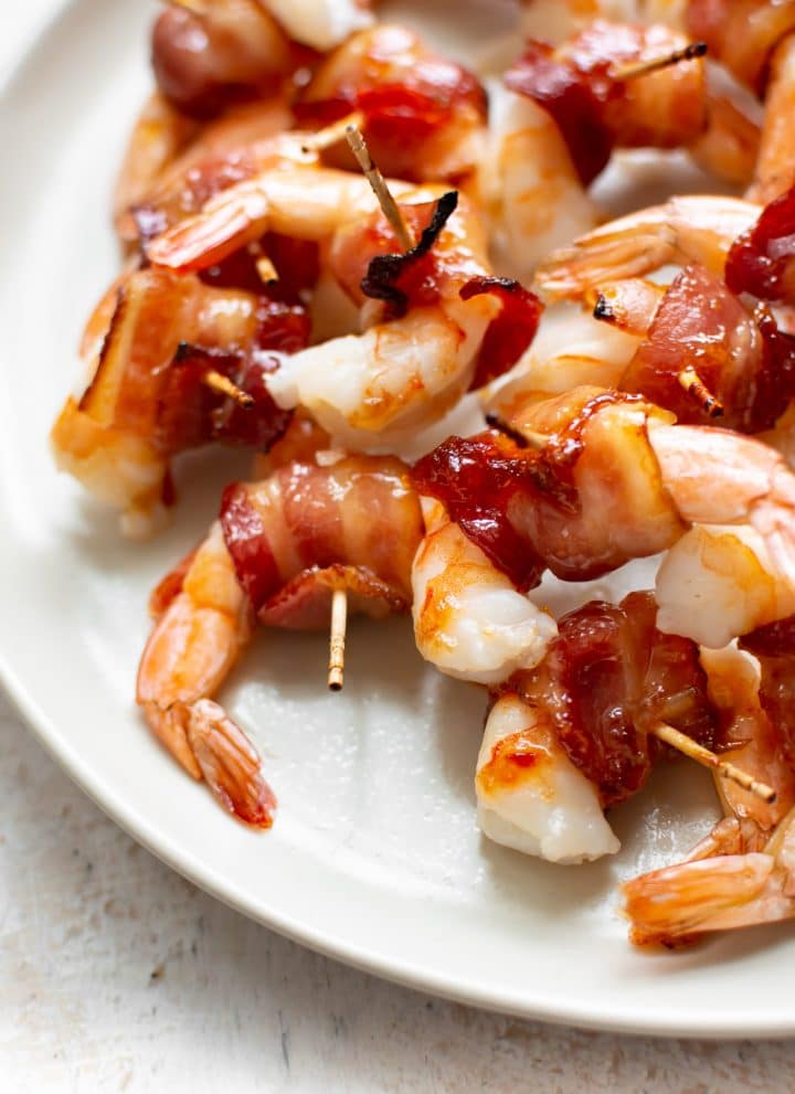close-up of easy bacon wrapped shrimp