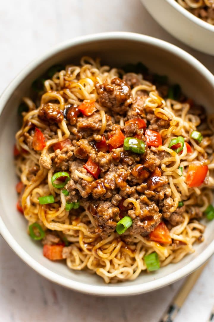 beef noodle bowl close-up