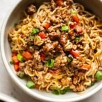 ground beef and ramen noodles in two bowls