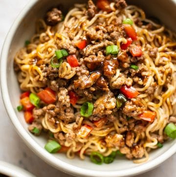 ground beef and ramen noodles in two bowls