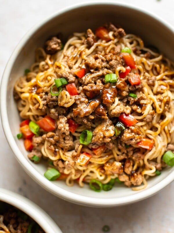 ground beef and ramen noodles in two bowls