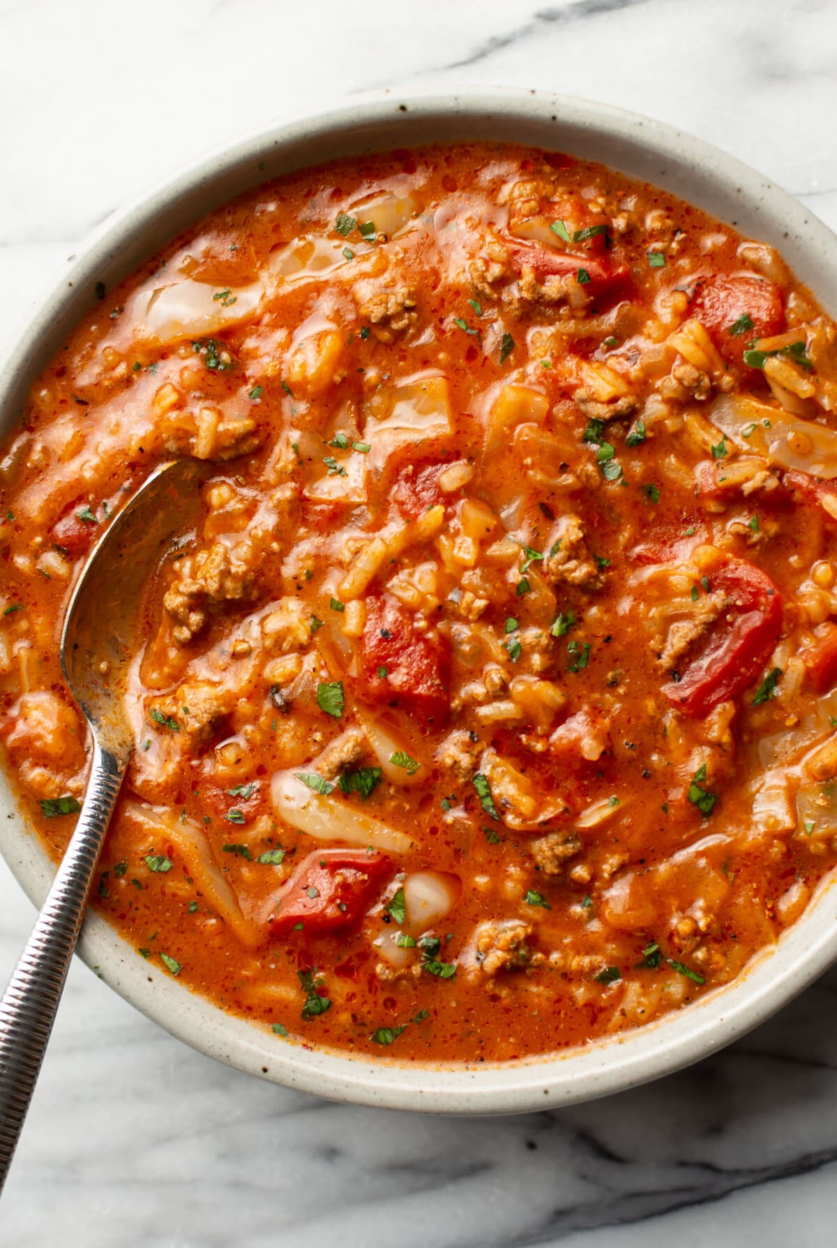 a bowl of cabbage roll soup with a spoon