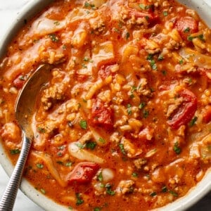 a bowl of cabbage roll soup with a spoon