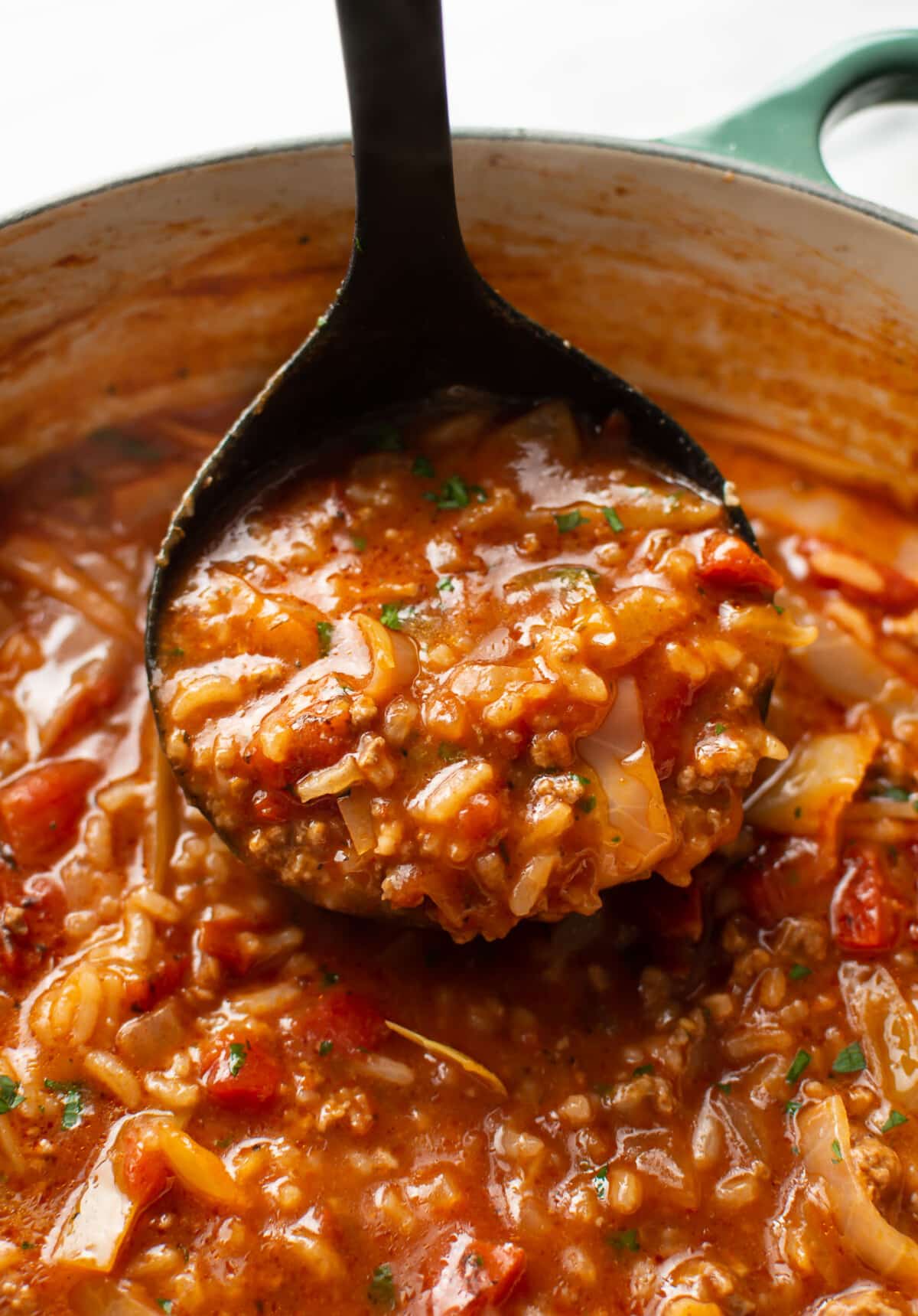 closeup of a ladle with cabbage roll soup