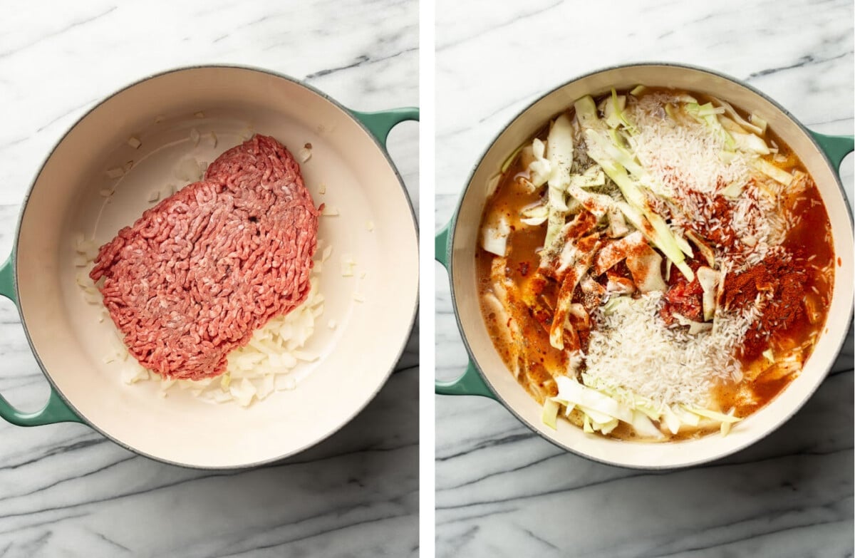 sauteing ground beef and onions in a soup pot then adding the remainder of ingredients for cabbage roll soup