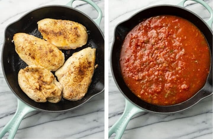 pan frying chicken in a skillet and adding salsa