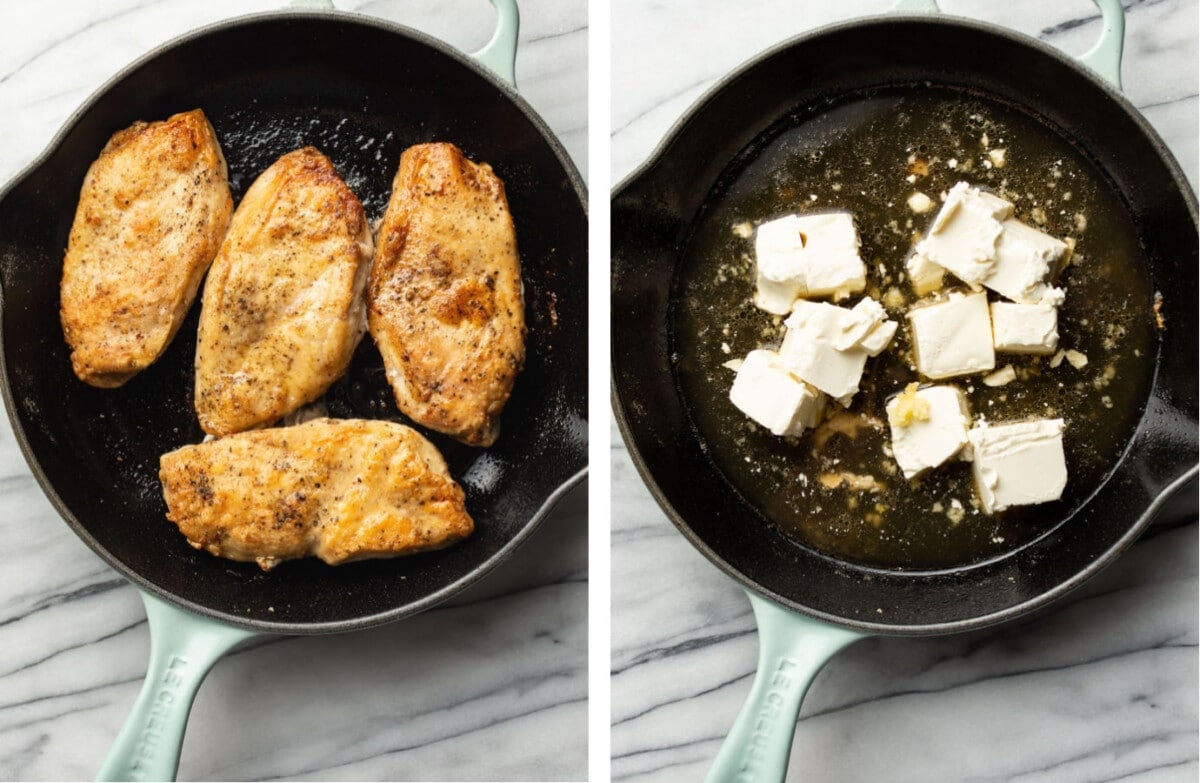 pan frying chicken in a skillet and then making spinach artichoke sauce