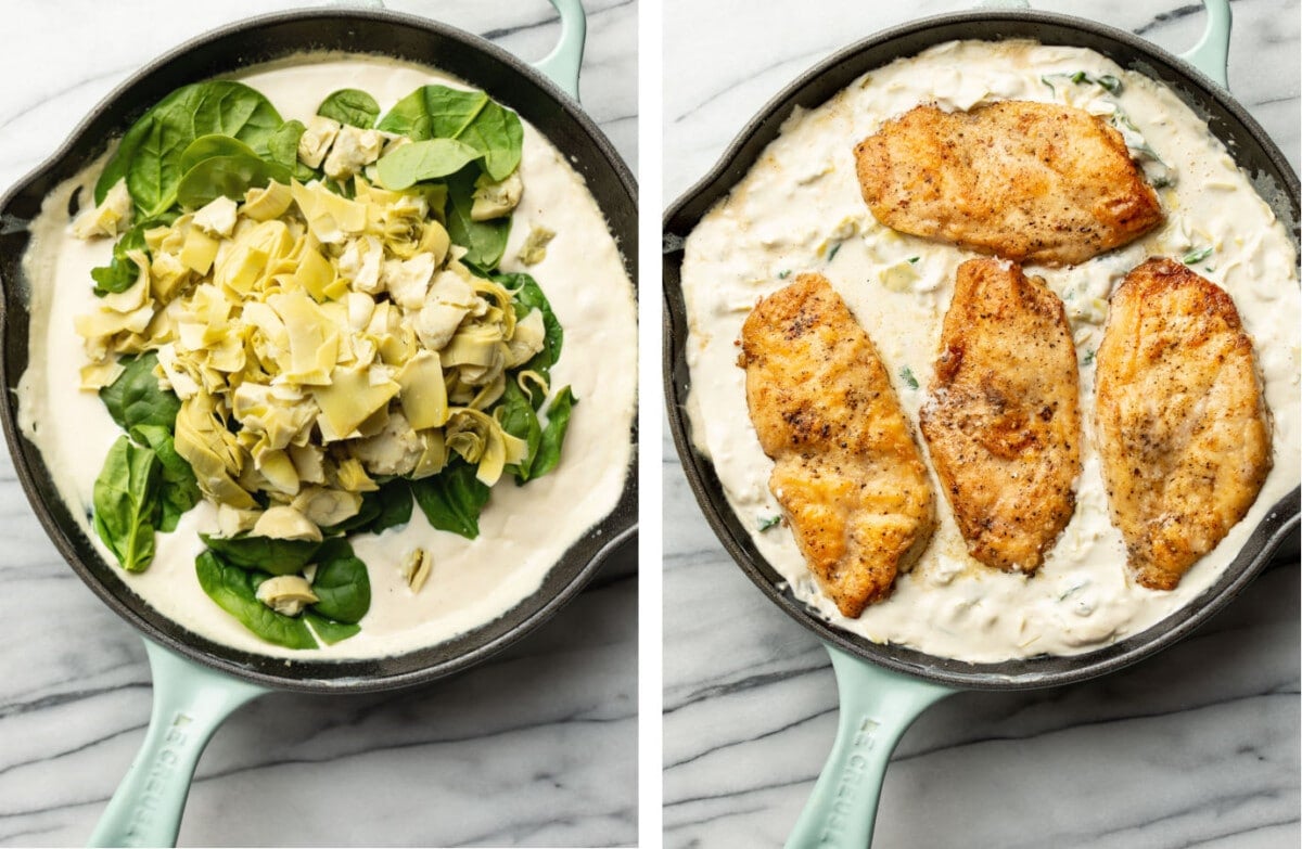 finishing up making spinach artichoke sauce in a skillet and returning chicken to the pan