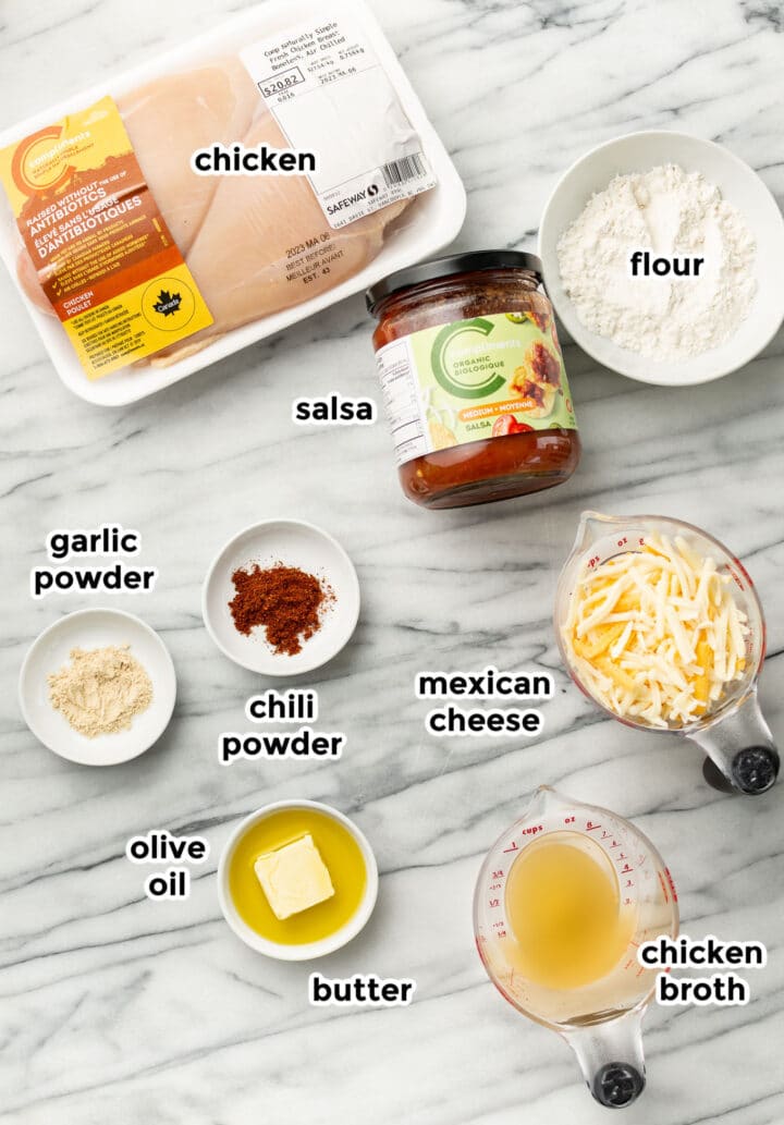 ingredients for salsa chicken on a counter in prep bowls