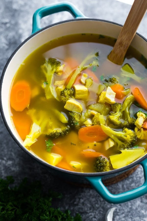 leftover turkey detox soup in a blue pot