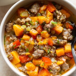 sausage sweet potato soup in two bowls