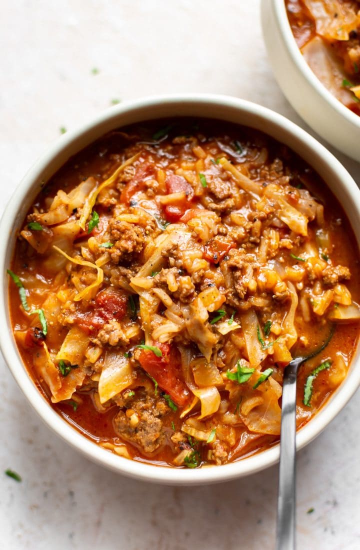 cabbage roll soup in two bowls