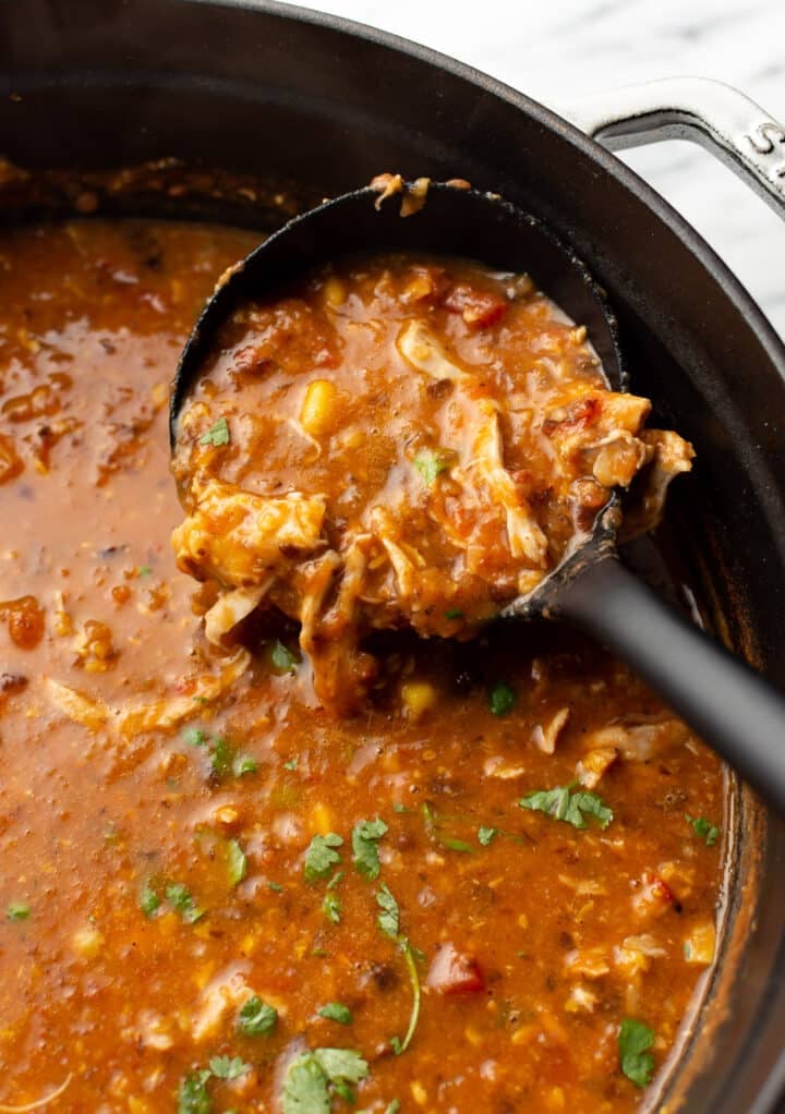 a pot of chicken tortilla soup with a ladle