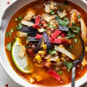 close-up of chicken tortilla soup in a bowl