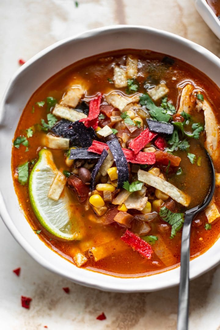 close-up of chicken tortilla soup in a bowl