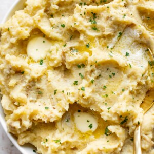 close-up of Crockpot mashed potatoes with plenty of butter