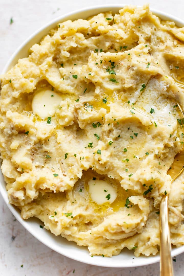 close-up of Crockpot mashed potatoes with plenty of butter