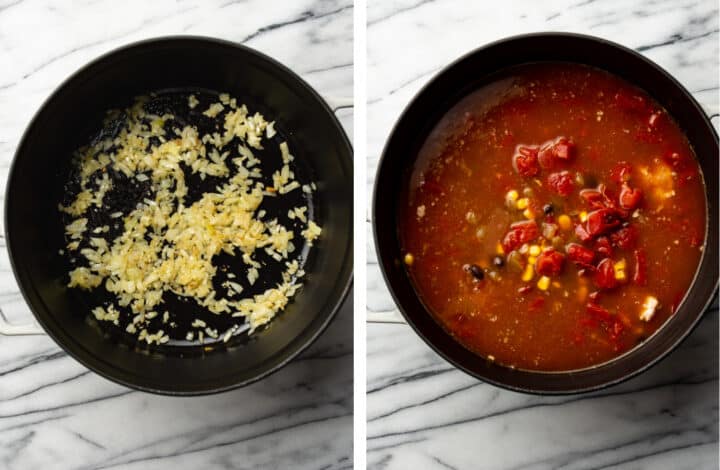 sauteing onion in a soup pot and adding broth, corn, and tomatoes