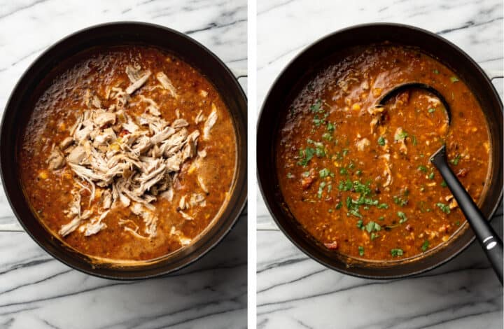 adding in chicken to a soup pot of tortilla soup