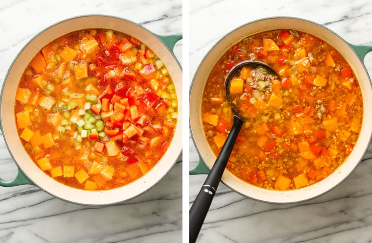 a pot of italian sausage sweet potato soup before and after simmering