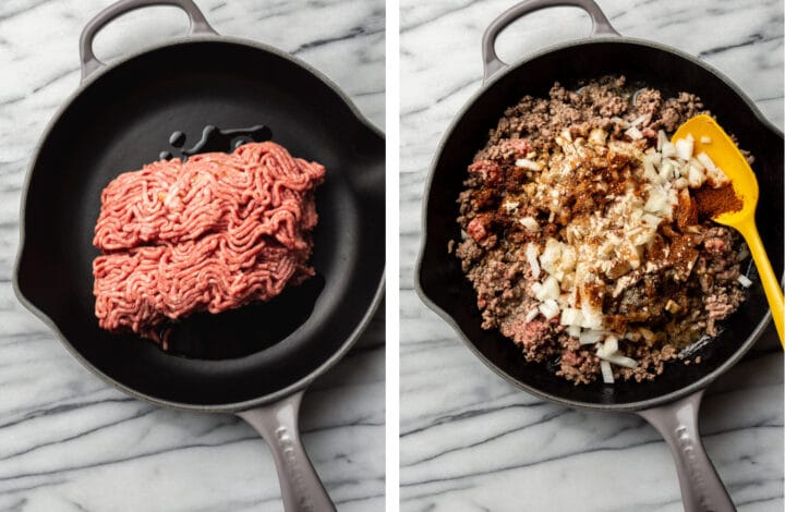 cooking ground beef with onion and spices in a cast iron skillet