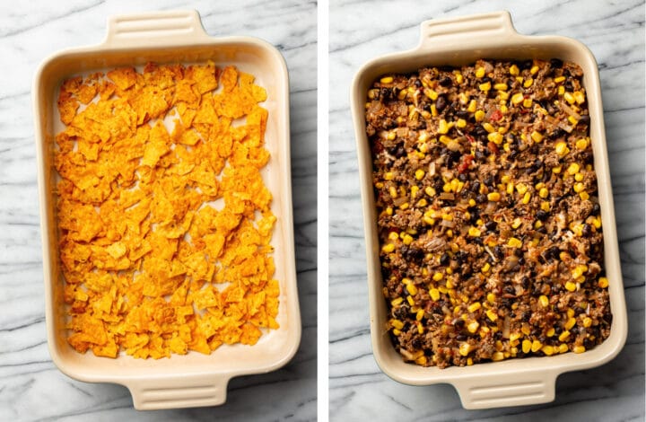 adding doritos and beef mixture to a casserole dish