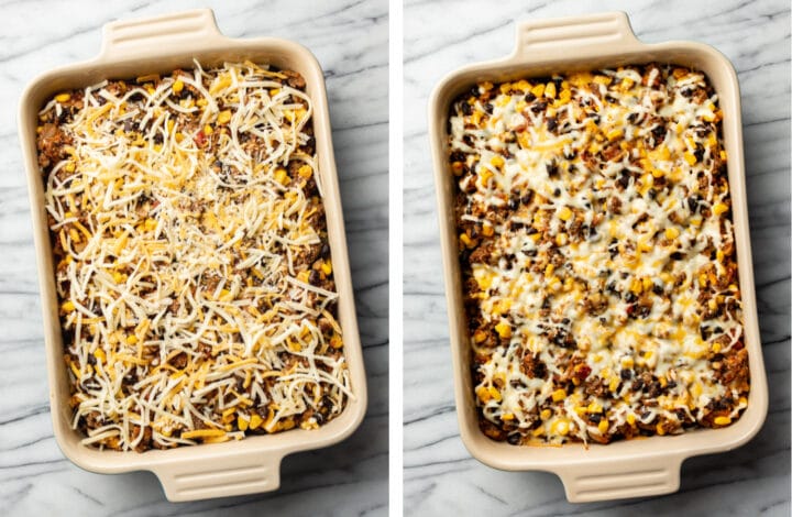 taco casserole with cheese before and after baking