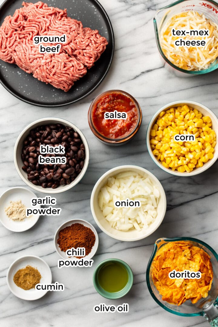 ingredients in small bowls for taco casserole